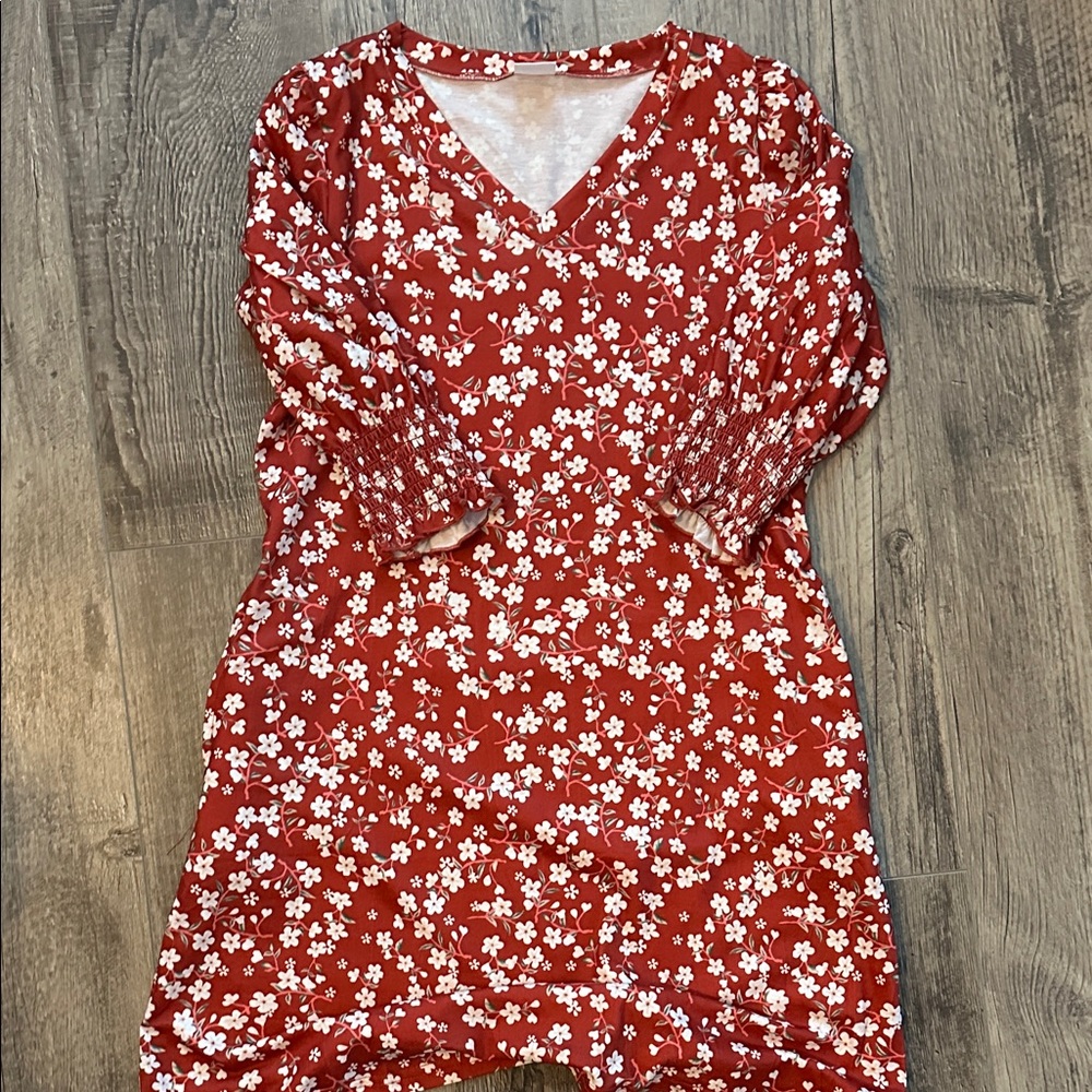 Floral Red Midi Dress, 3/4 sleeves